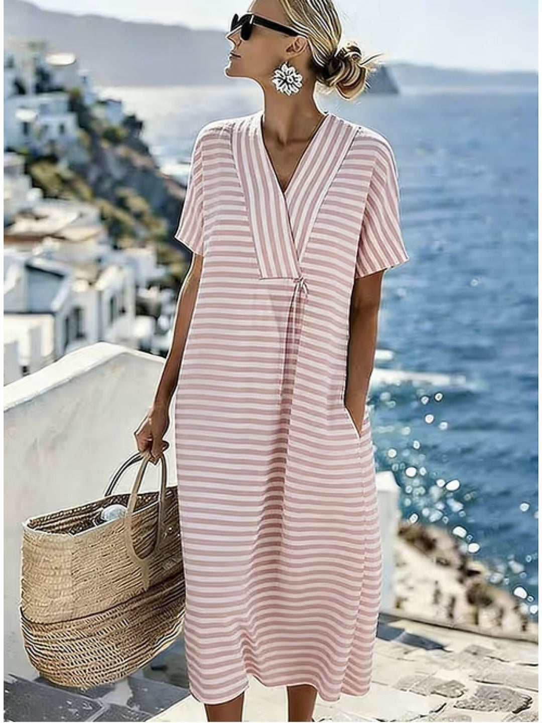 Naomi | Stylish V-Neck Striped Yellow Dress with Short Sleeves