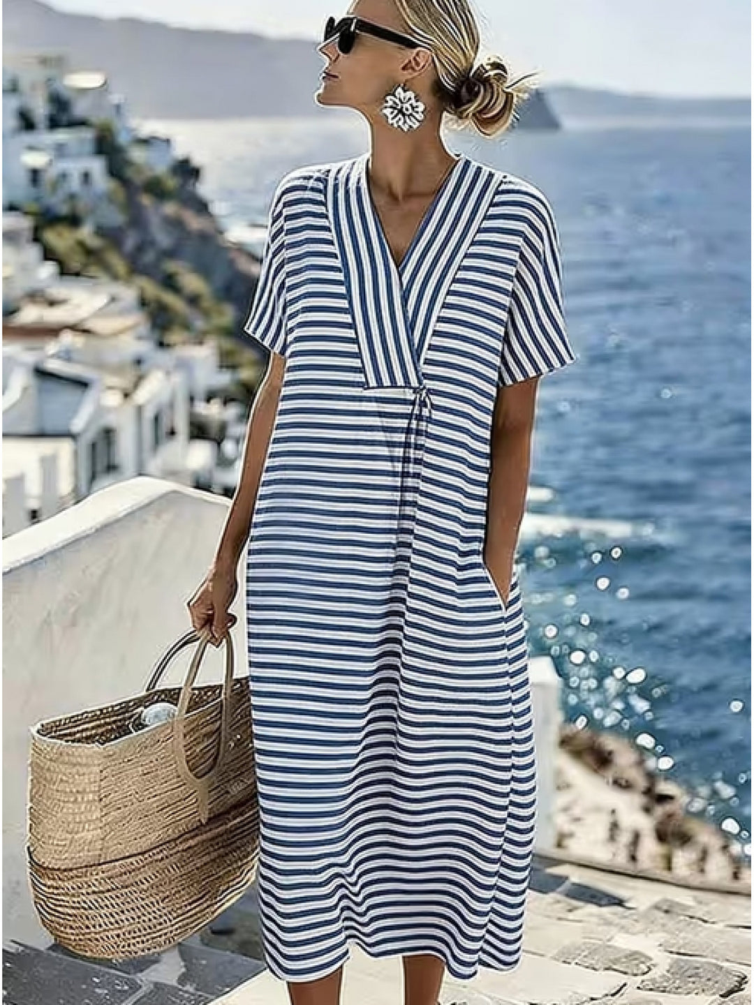 Naomi | Stylish V-Neck Striped Yellow Dress with Short Sleeves