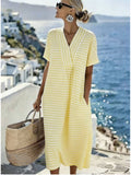 Naomi | Stylish V-Neck Striped Yellow Dress with Short Sleeves
