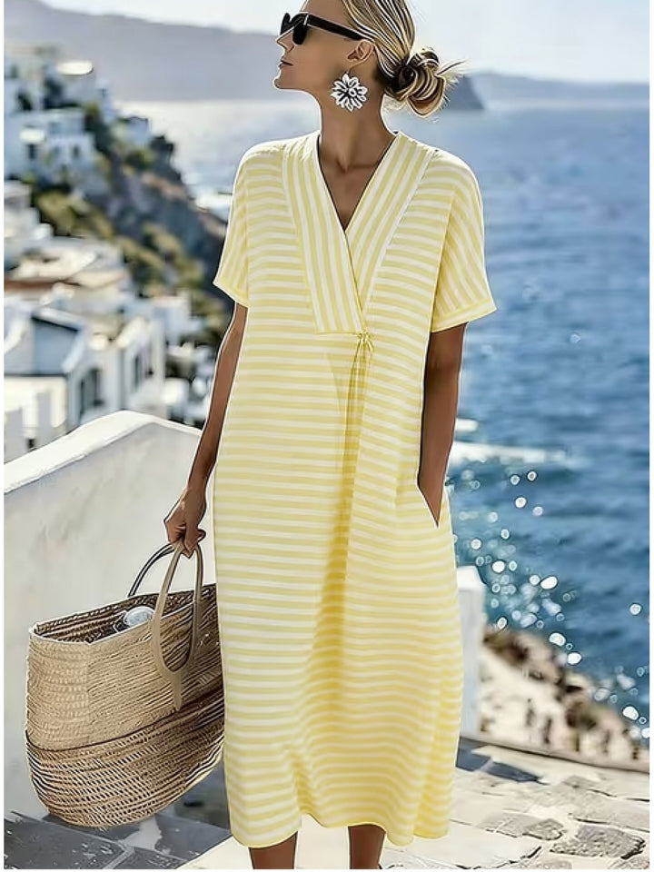 Naomi | Stylish V-Neck Striped Yellow Dress with Short Sleeves