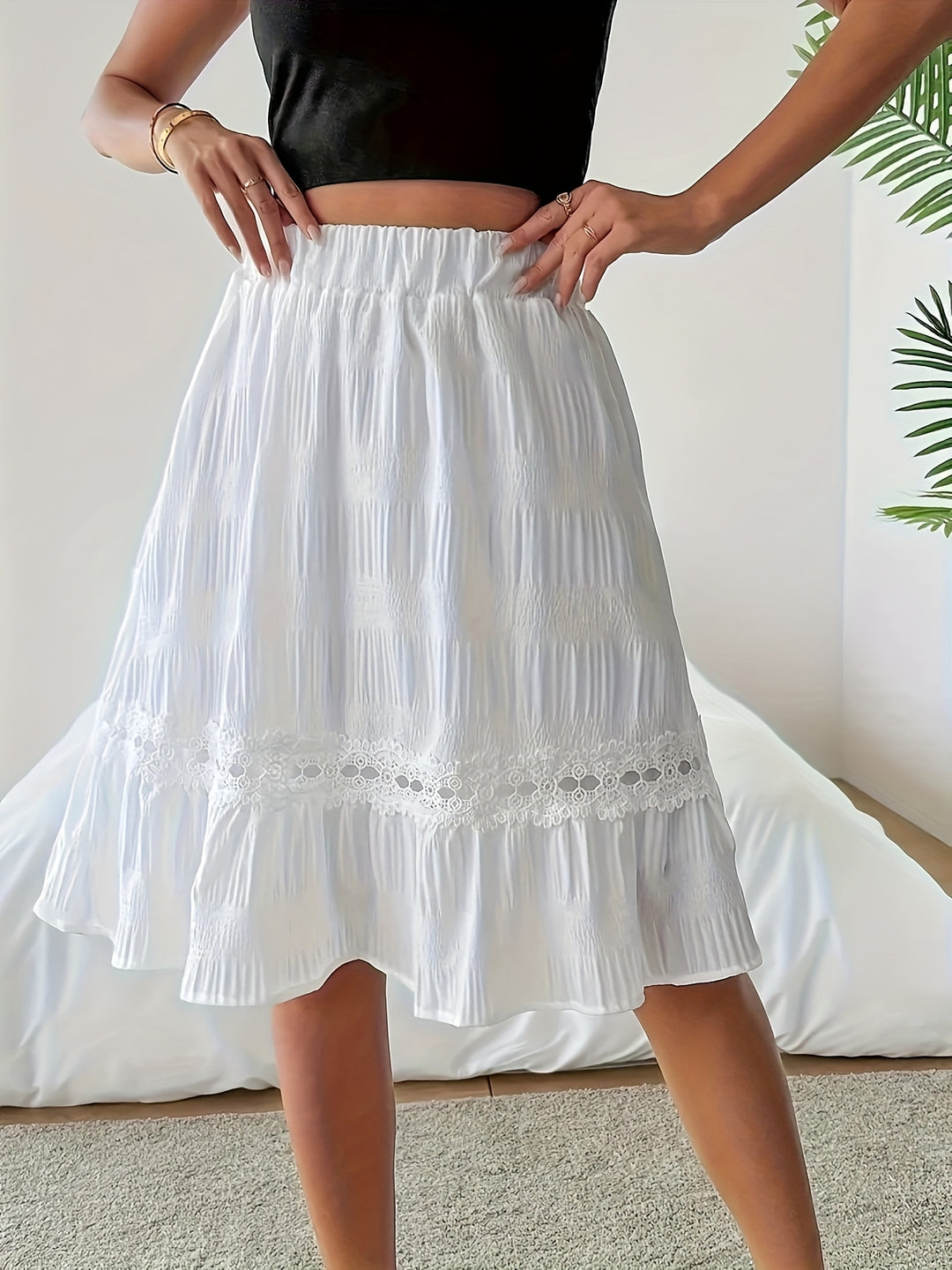 Emily | Chic Lace Trim Tiered White Skirt