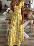 Amelia | Floral V-Neck Maxi Yellow Dress with Short Sleeves