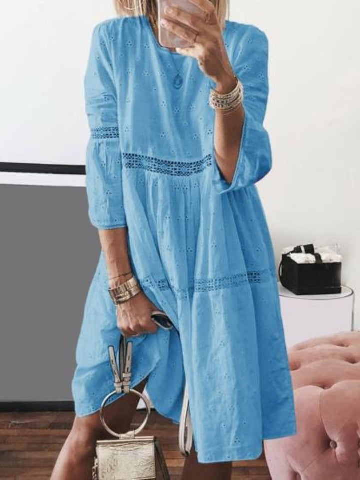 Elise | Elegant Eyelet Embroidered Three Quarter Sleeve Yellow Dress