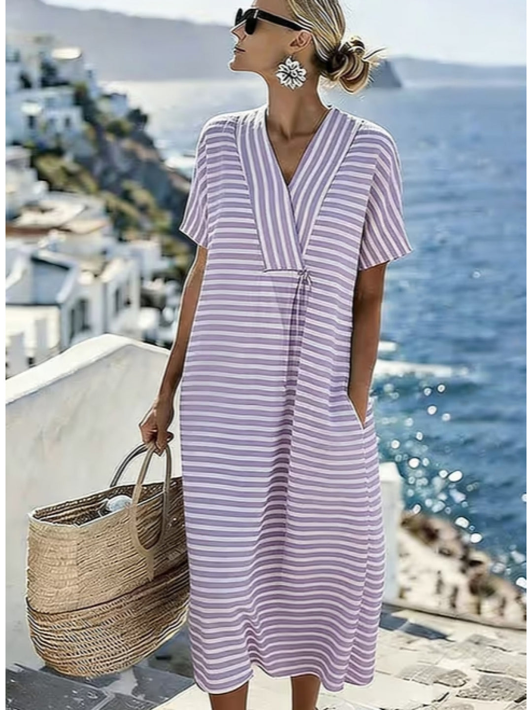 Naomi | Stylish V-Neck Striped Yellow Dress with Short Sleeves