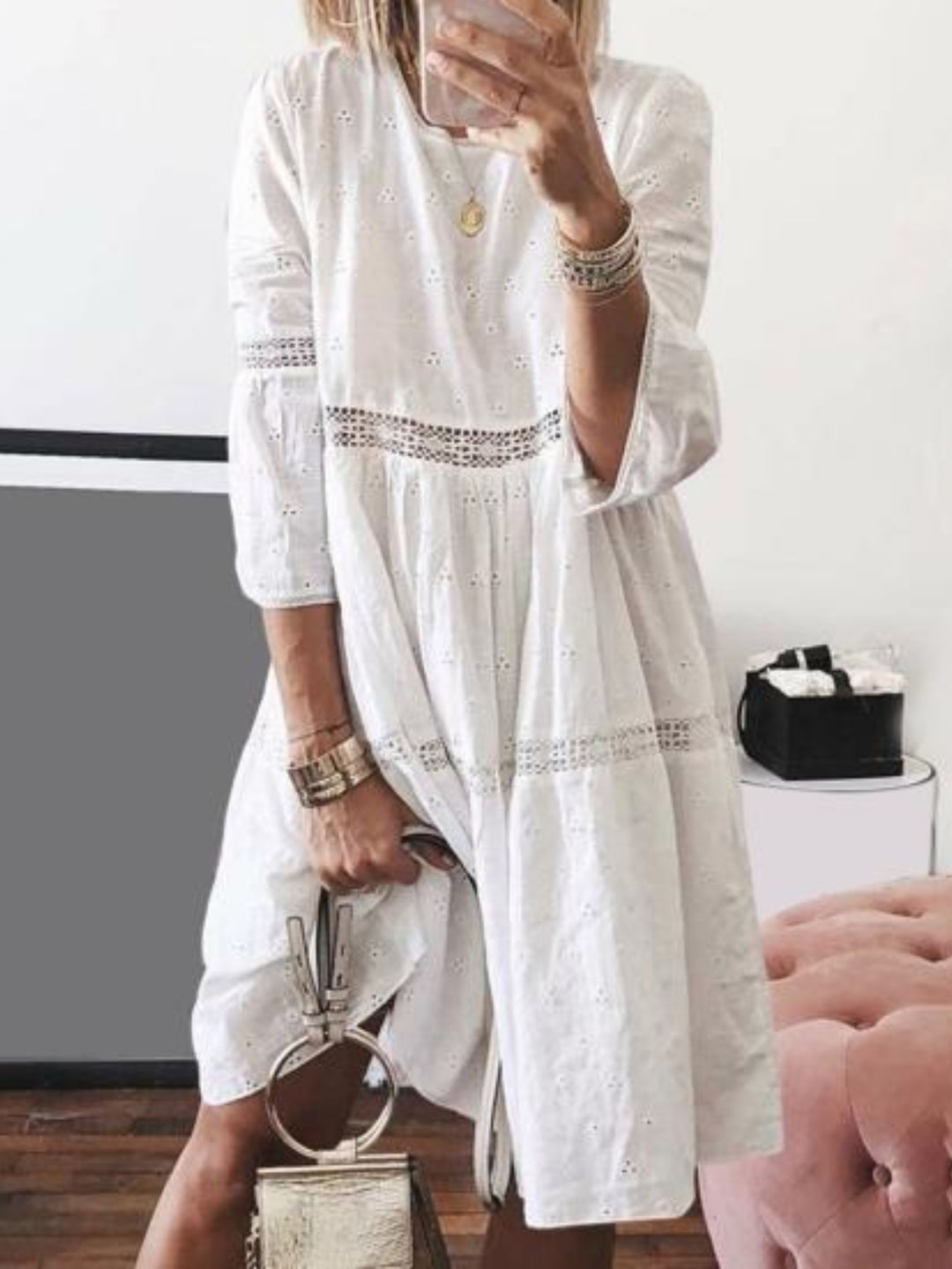 Elise | Elegant Eyelet Embroidered Three Quarter Sleeve Yellow Dress