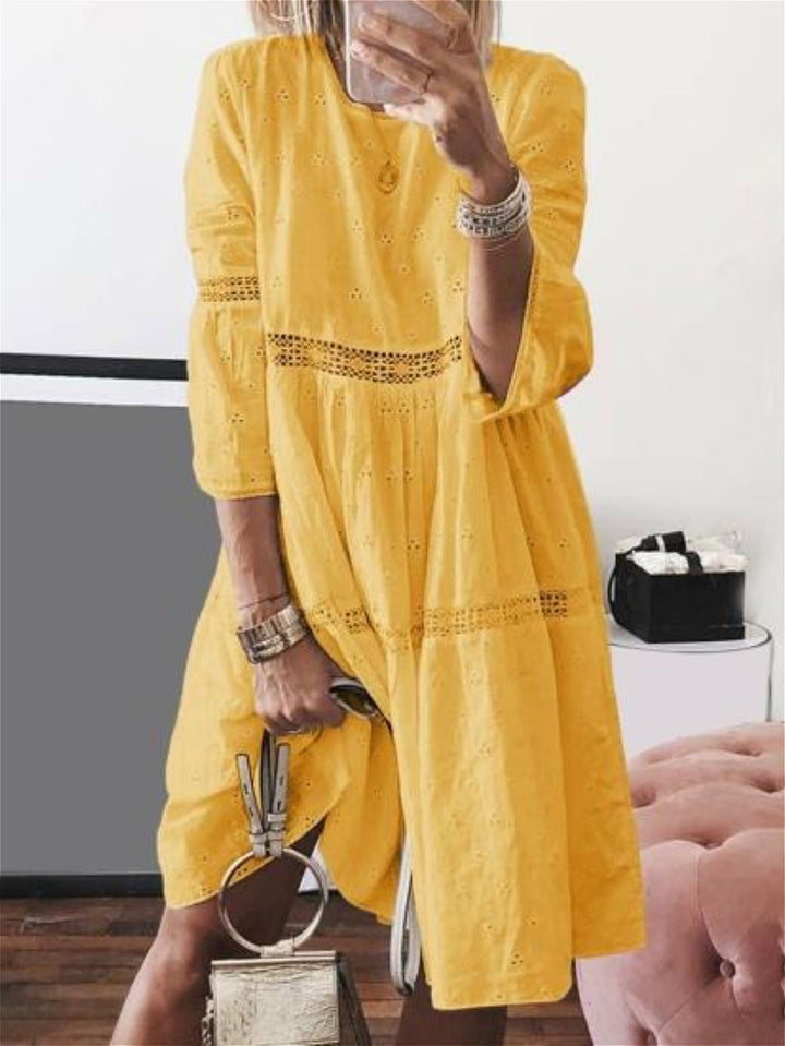 Elise | Elegant Eyelet Embroidered Three Quarter Sleeve Yellow Dress