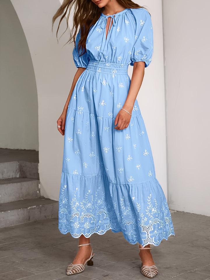 Lily | Elegant Tiered Puff Sleeve Yellow Dress with Eyelet Hem