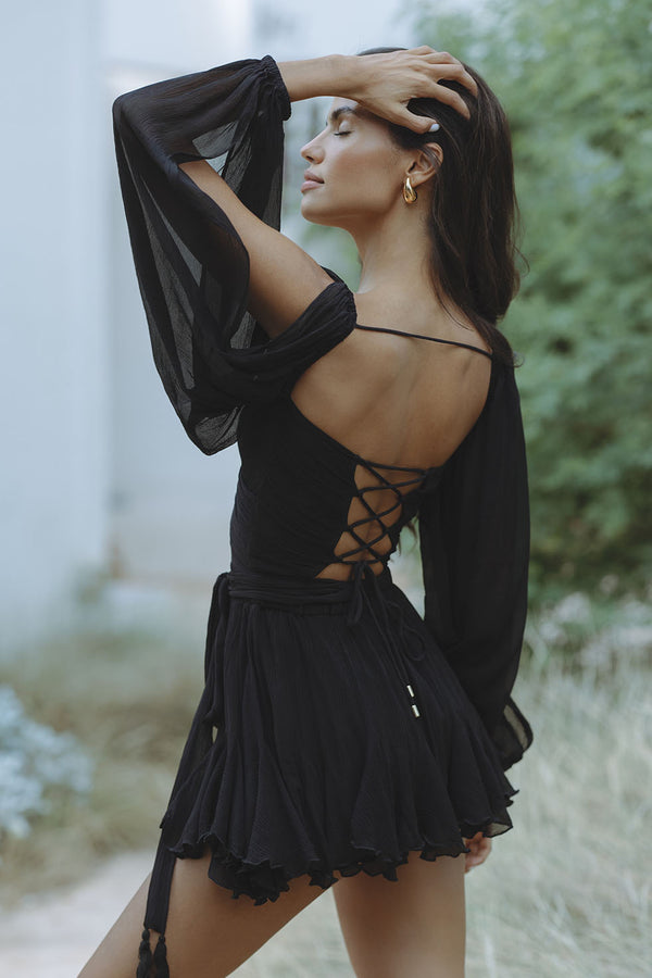 Ottoline | Elegant Wrap V-Neck Sheer Sleeve Black Mini Dress