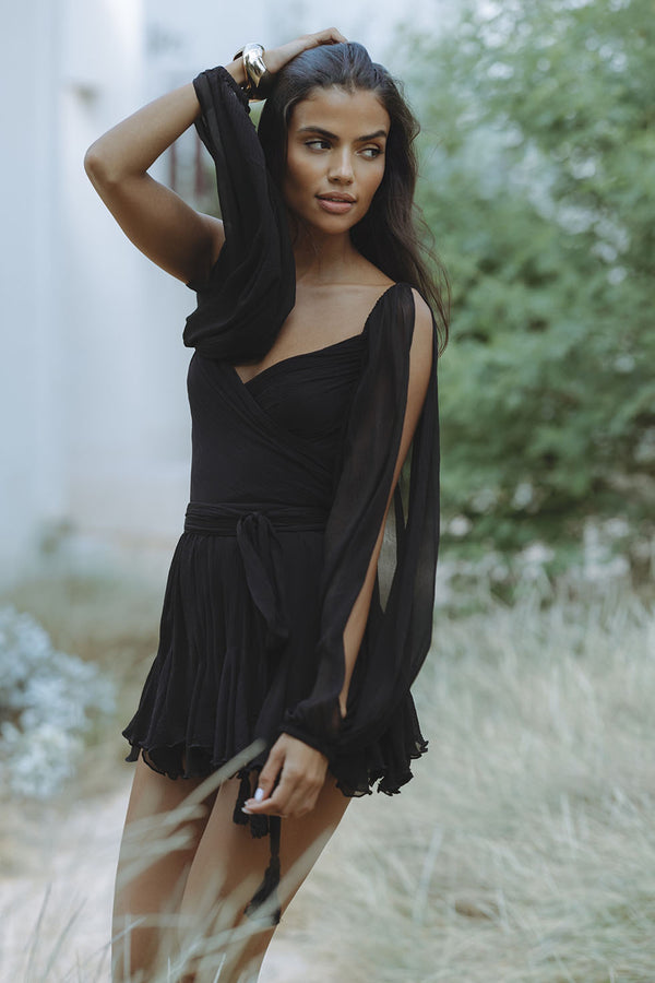 Ottoline | Elegant Wrap V-Neck Sheer Sleeve Black Mini Dress