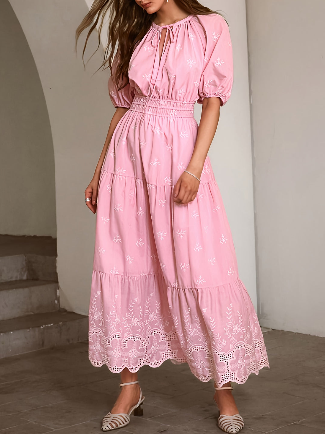 Lily | Elegant Tiered Puff Sleeve Yellow Dress with Eyelet Hem