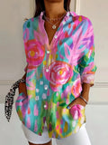 Women's Abstract Print Button Front Blouse — Trixie Lightweight Colorful Artistic