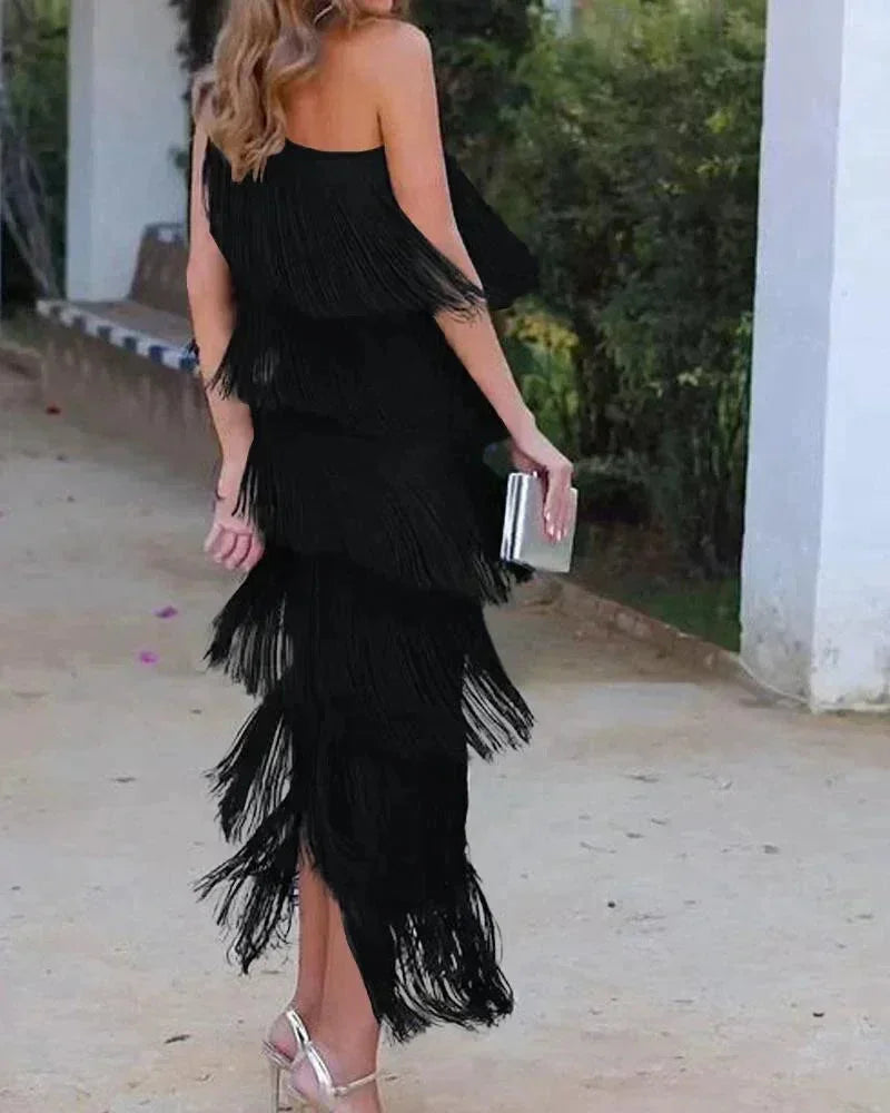 Black Women's Asymmetric Fringe Maxi Dress — Beatrice One Shoulder Tiered - Back Full