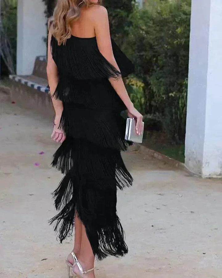 Black Women's Asymmetric Fringe Maxi Dress — Beatrice One Shoulder Tiered - Back Full