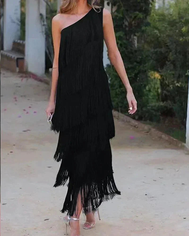 Black Women's Asymmetric Fringe Maxi Dress — Beatrice One Shoulder Tiered - Front Pose