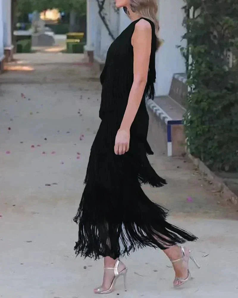 Black Women's Asymmetric Fringe Maxi Dress — Beatrice One Shoulder Tiered - Side Walking