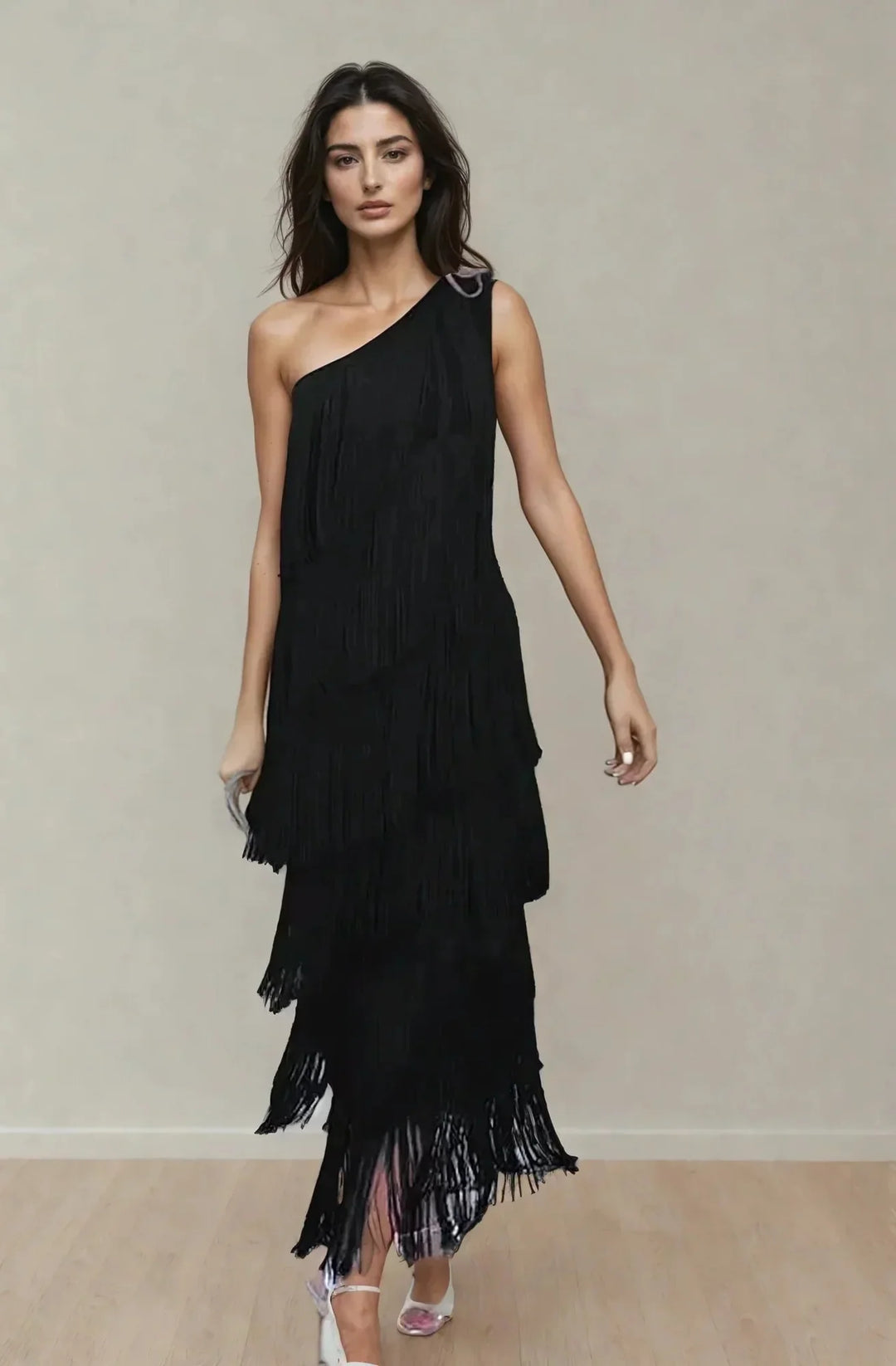 Black Women's Asymmetric Fringe Maxi Dress — Beatrice One Shoulder Tiered - Studio Front