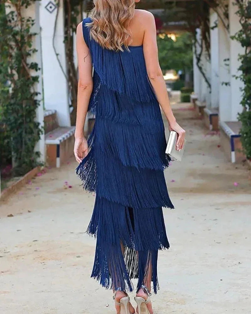 Blue Women's Asymmetric Fringe Maxi Dress — Beatrice One Shoulder Tiered - Back Detail