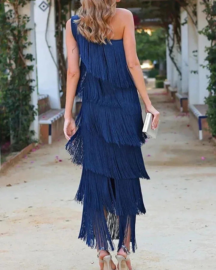 Blue Women's Asymmetric Fringe Maxi Dress — Beatrice One Shoulder Tiered - Back Detail