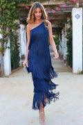Women's Asymmetric Fringe Maxi Dress — Beatrice One Shoulder Tiered