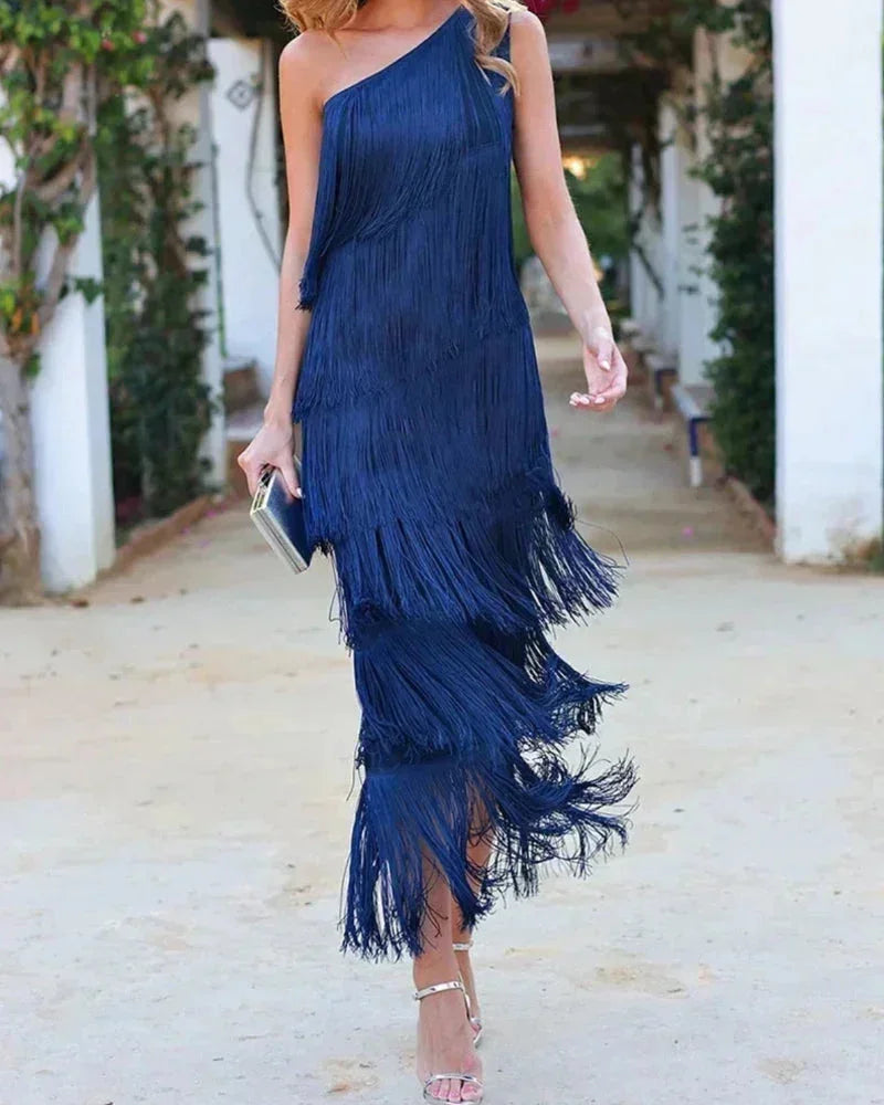 Blue Women's Asymmetric Fringe Maxi Dress — Beatrice One Shoulder Tiered - Front Walking