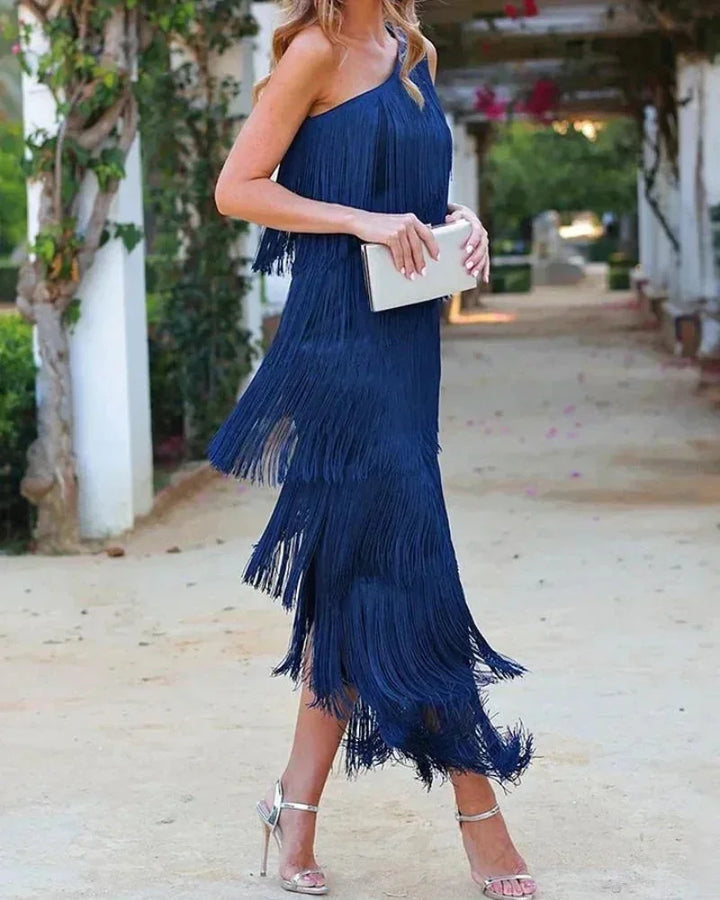 Blue Women's Asymmetric Fringe Maxi Dress — Beatrice One Shoulder Tiered - Side Pose