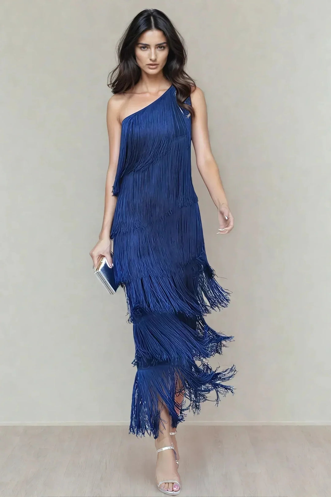Blue Women's Asymmetric Fringe Maxi Dress — Beatrice One Shoulder Tiered - Studio Pose