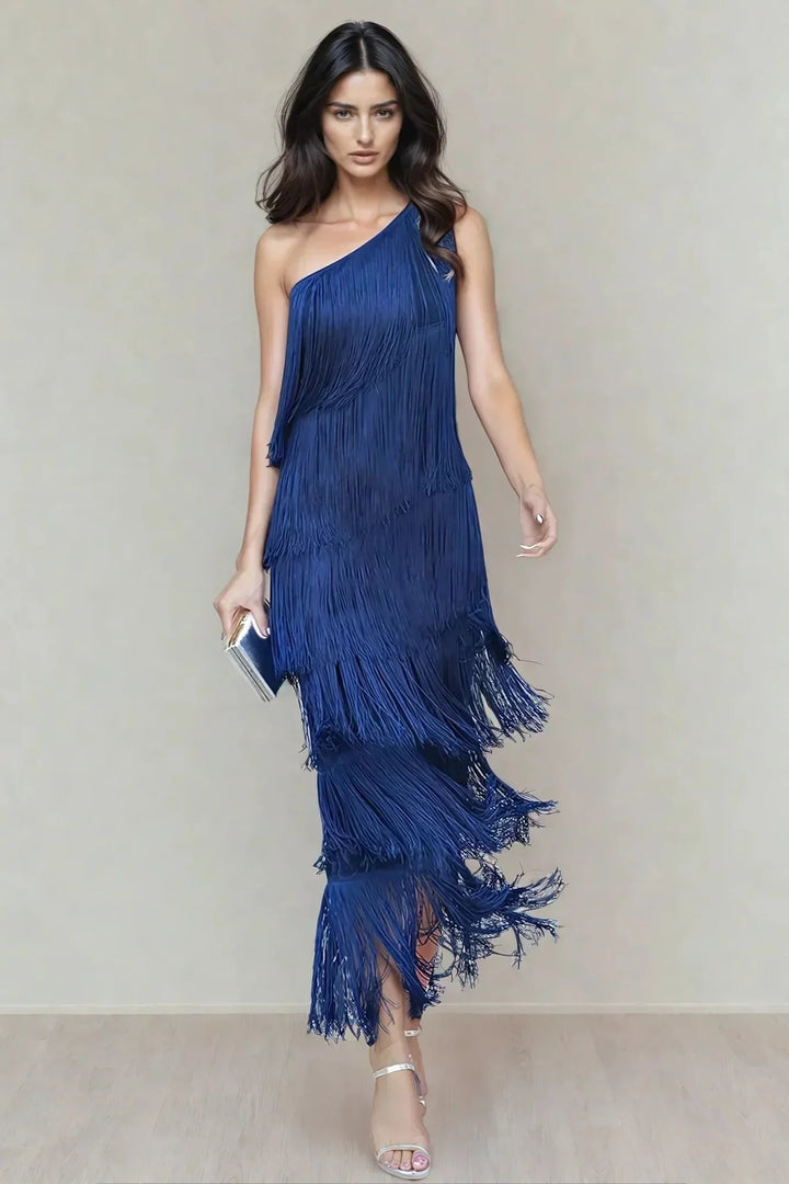 Blue Women's Asymmetric Fringe Maxi Dress — Beatrice One Shoulder Tiered - Studio Pose