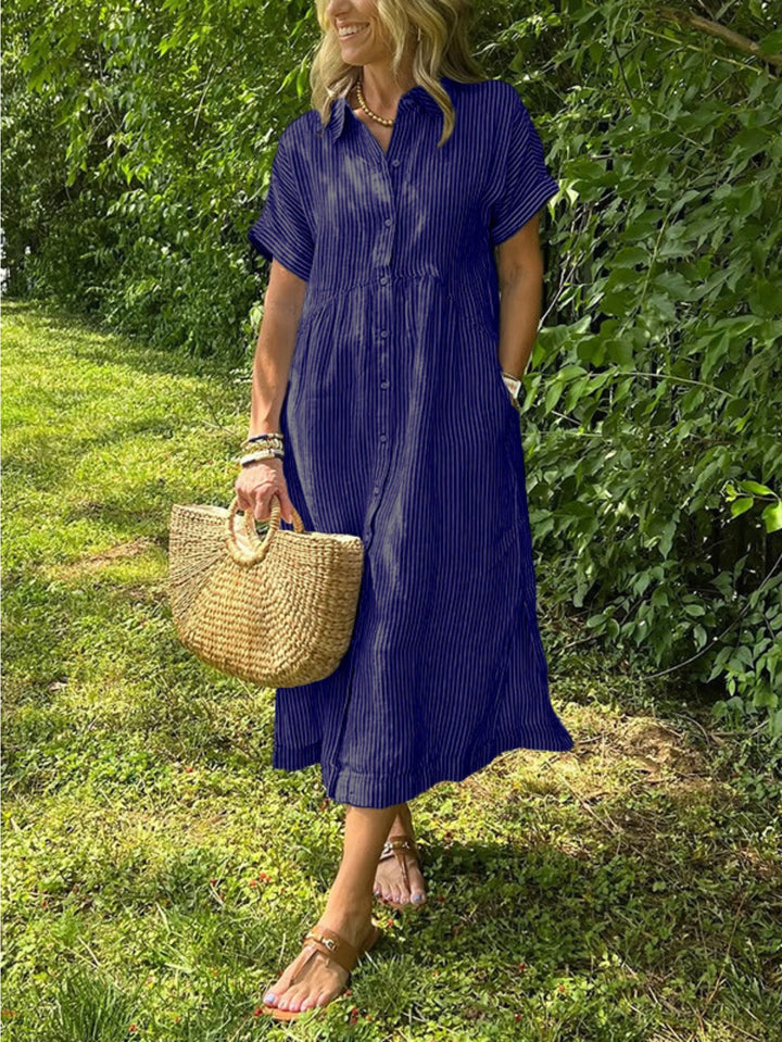 Madelyn | Striped Short Sleeve Button Front Yellow Dress