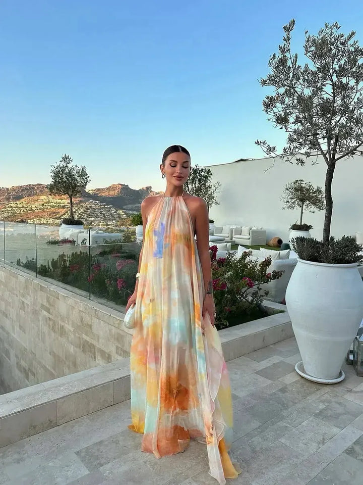 Multicolor Women's Backless Printed Maxi Dress — Cassie Tie-Dye Halter - Front Pose