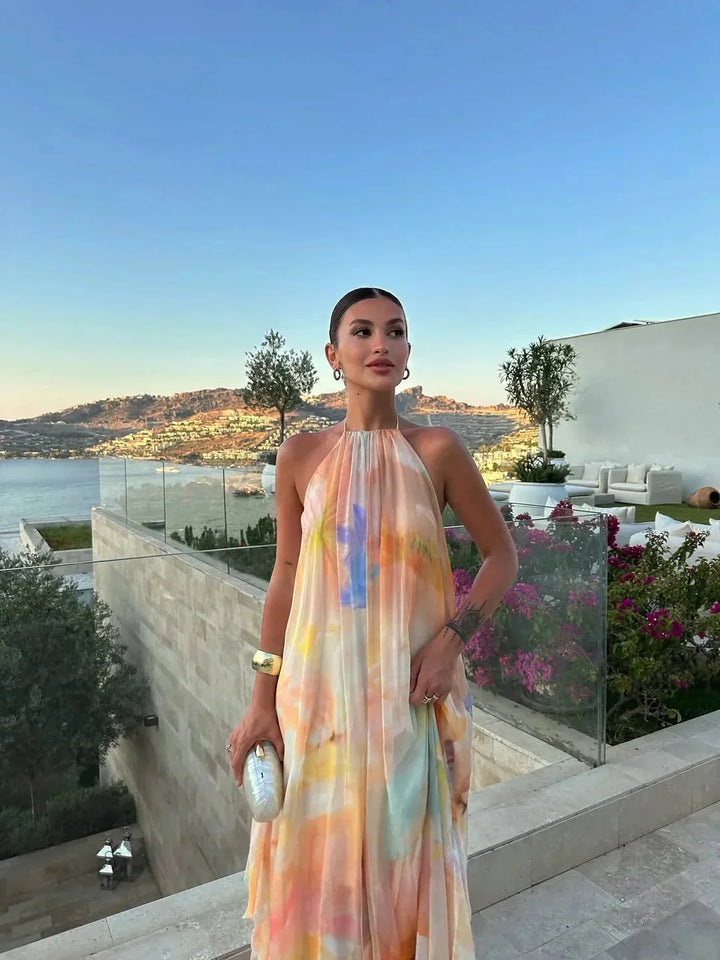 Multicolor Women's Backless Printed Maxi Dress — Cassie Tie-Dye Halter - Outdoor Pose
