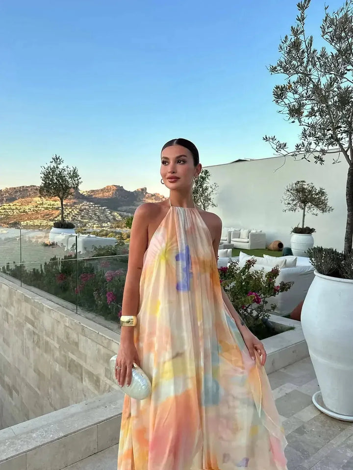 Multicolor Women's Backless Printed Maxi Dress — Cassie Tie-Dye Halter - Side Pose