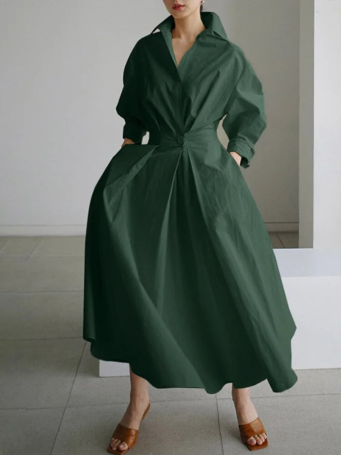 Army Women's Belted Shirt Maxi Dress — Lyra Button-Front Long Sleeve - Green Front Full