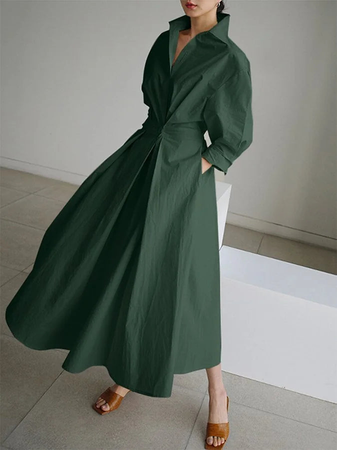 Army Women's Belted Shirt Maxi Dress — Lyra Button-Front Long Sleeve - Green Front Pose