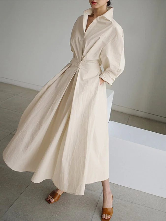 Beige Women's Belted Shirt Maxi Dress — Lyra Button-Front Long Sleeve - Front Full