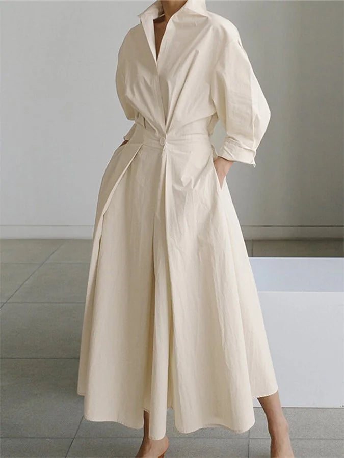 Beige Women's Belted Shirt Maxi Dress — Lyra Button-Front Long Sleeve - Front Pose
