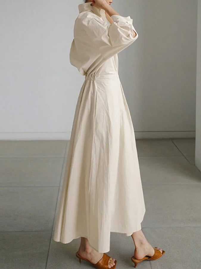 Beige Women's Belted Shirt Maxi Dress — Lyra Button-Front Long Sleeve - Side Detail