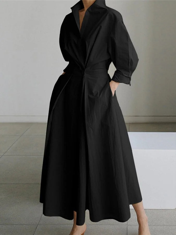 Black Women's Belted Shirt Maxi Dress — Lyra Button-Front Long Sleeve - Front Full