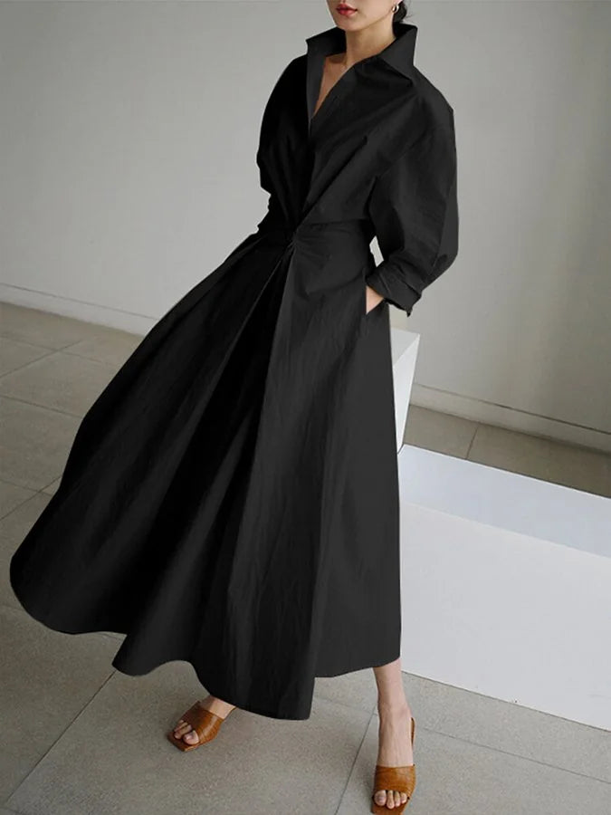 Black Women's Belted Shirt Maxi Dress — Lyra Button-Front Long Sleeve - Front Pose