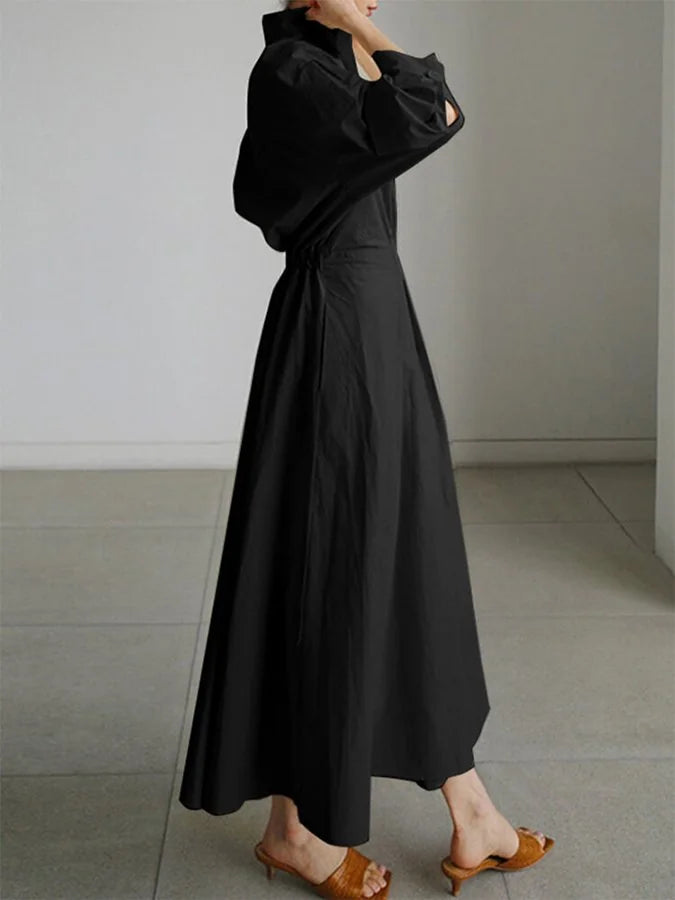 Black Women's Belted Shirt Maxi Dress — Lyra Button-Front Long Sleeve - Side View