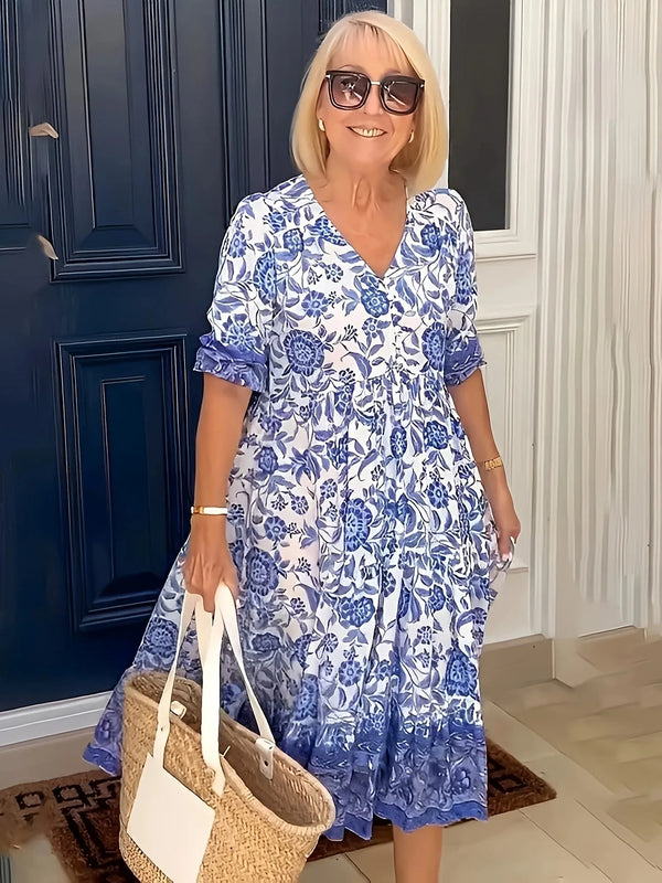 Amelia | Blue Floral V-Neck Tiered Dress