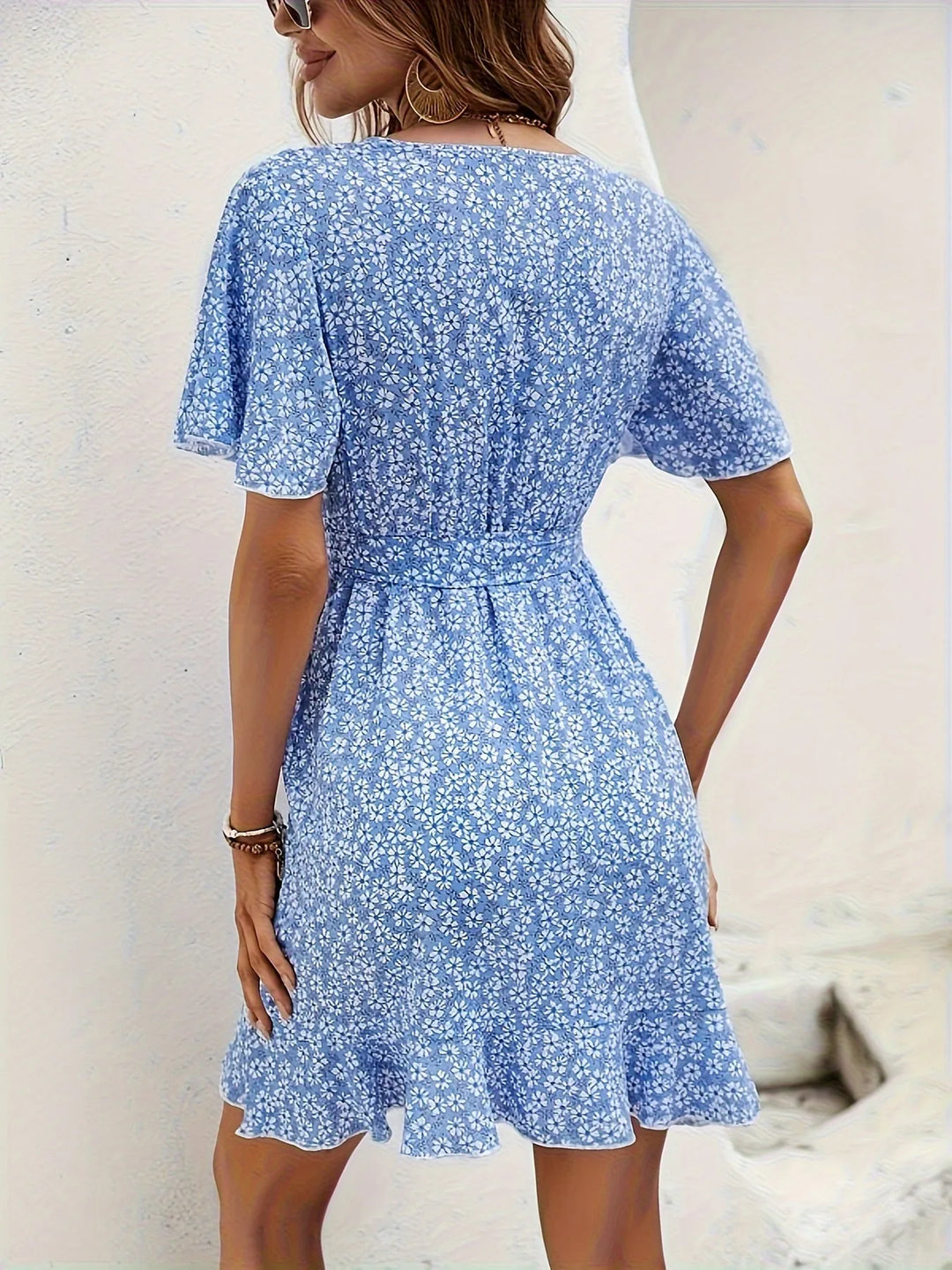 Nora | Stylish Blue Floral Wrap Dress with Flutter Sleeves