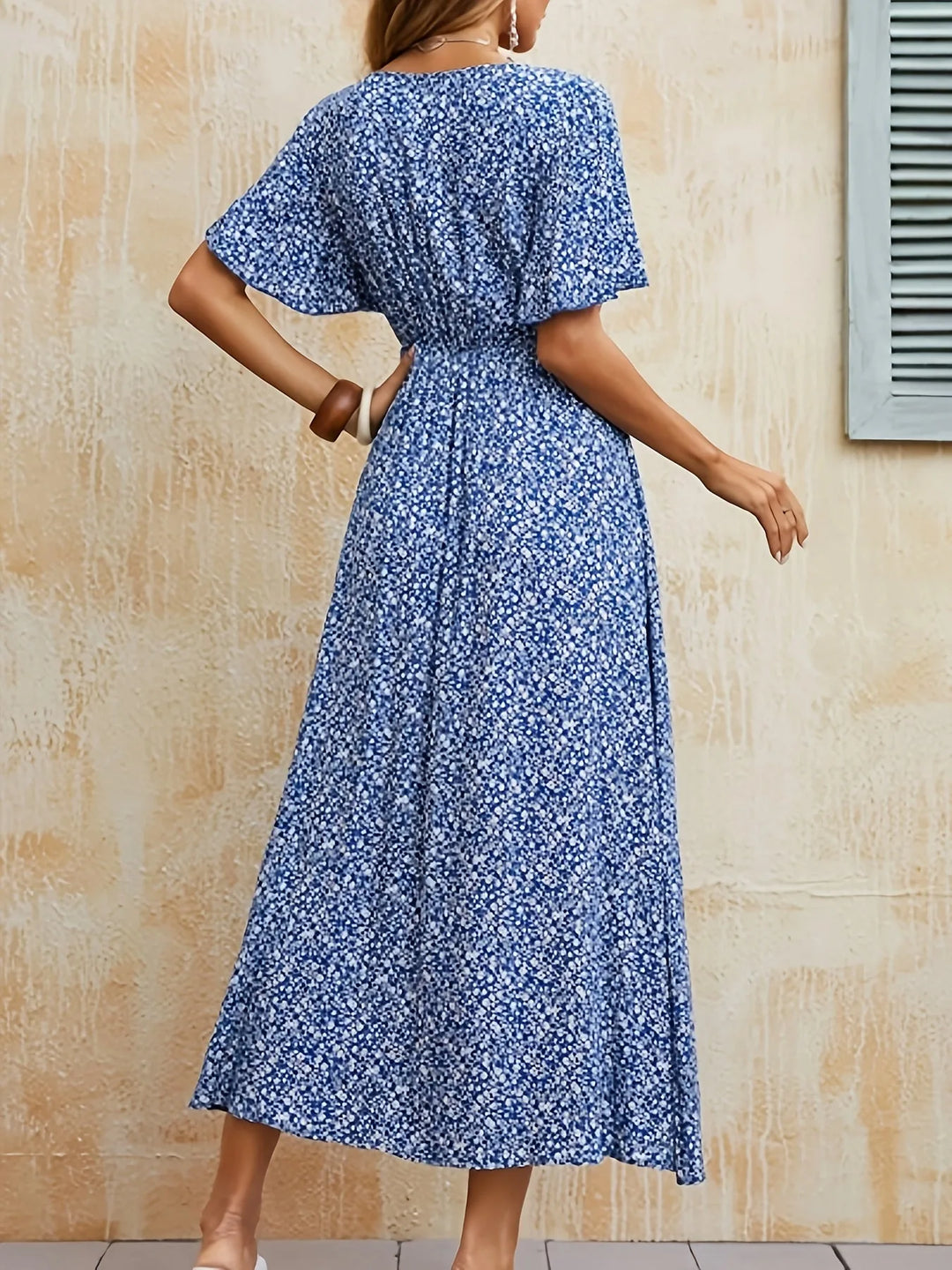 Isabella | Stylish Blue Floral V-Neck Tiered Maxi Dress