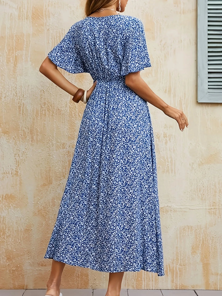 Isabella | Stylish Blue Floral V-Neck Tiered Maxi Dress