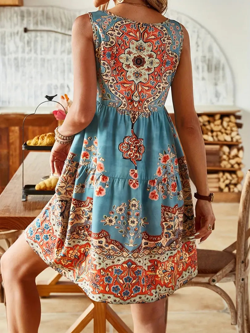 Blue Women's Boho Printed Sleeveless Mini Dress — Harriet Blue Tiered - Back Detail