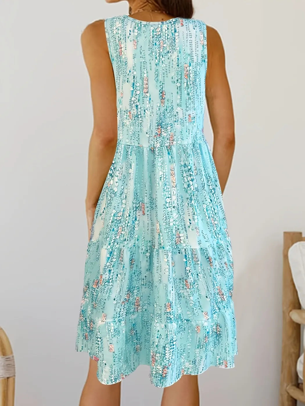 Light Blue Women's Boho Printed Sleeveless Mini Dress — Harriet Blue Tiered - Back View
