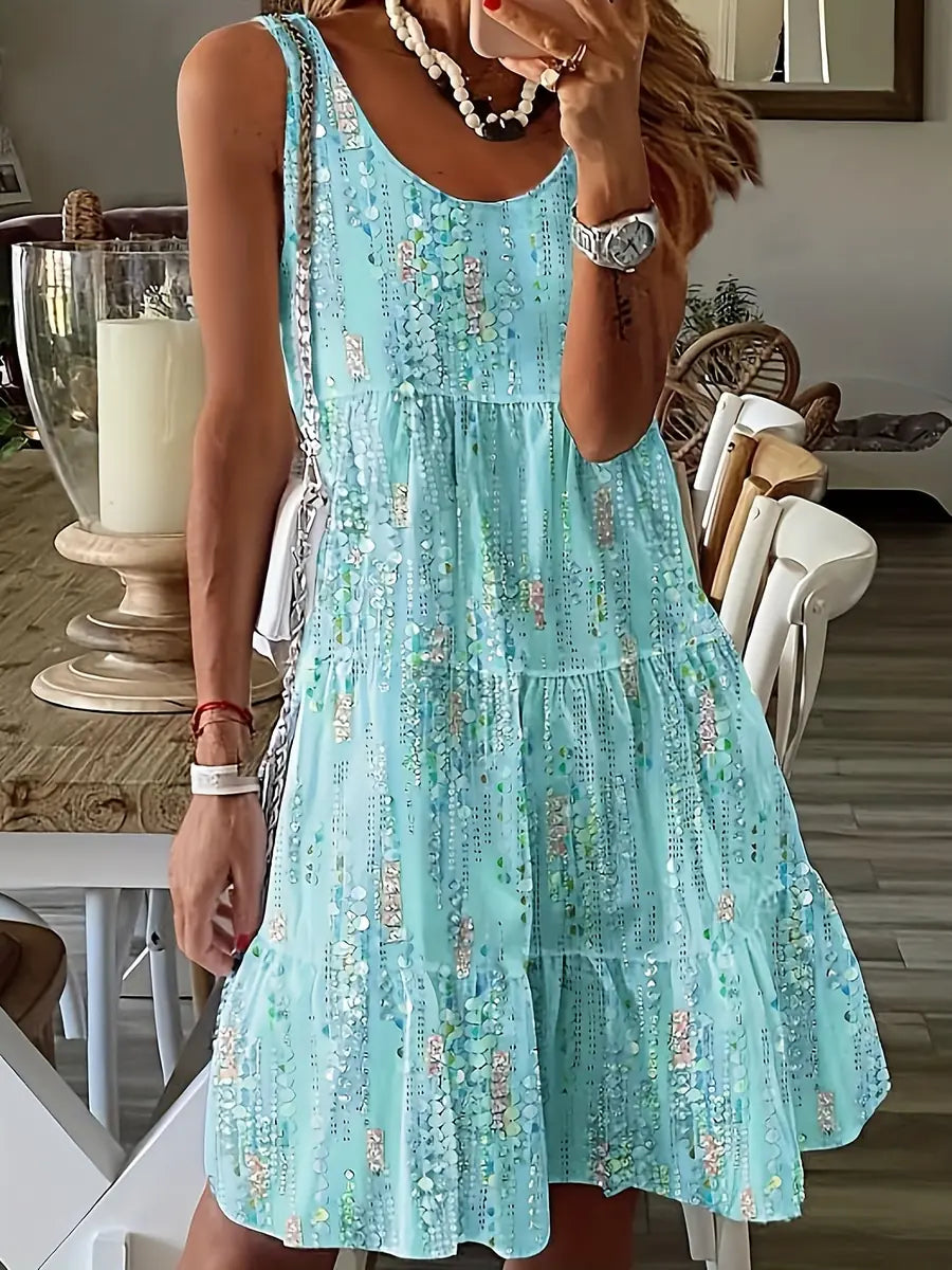 Light Blue Women's Boho Printed Sleeveless Mini Dress — Harriet Blue Tiered - Front Pose