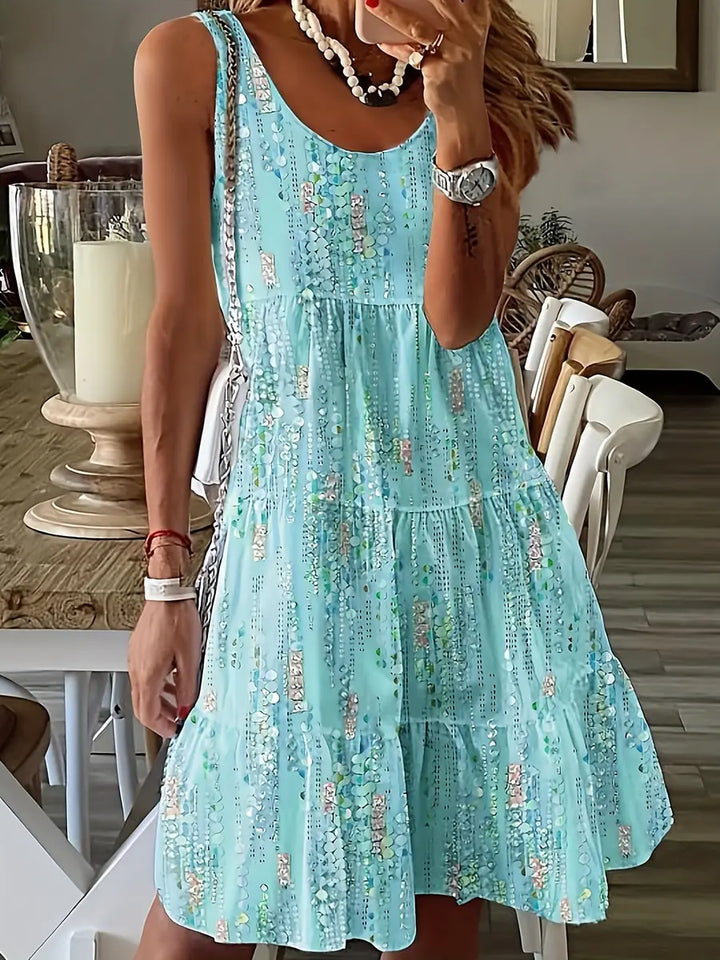 Light Blue Women's Boho Printed Sleeveless Mini Dress — Harriet Blue Tiered - Front Pose