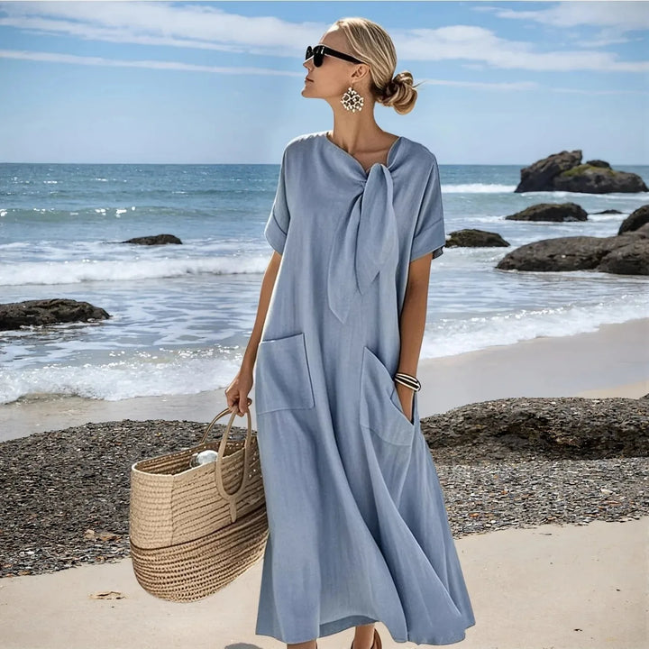 Willow | Elegant Bow Accent Short Sleeve Maxi Dress