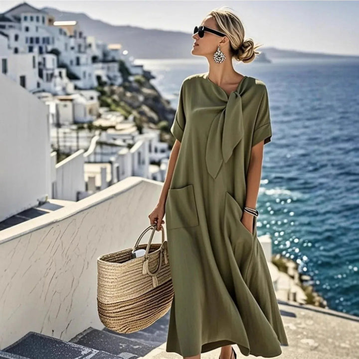 Willow | Elegant Bow Accent Short Sleeve Maxi Dress