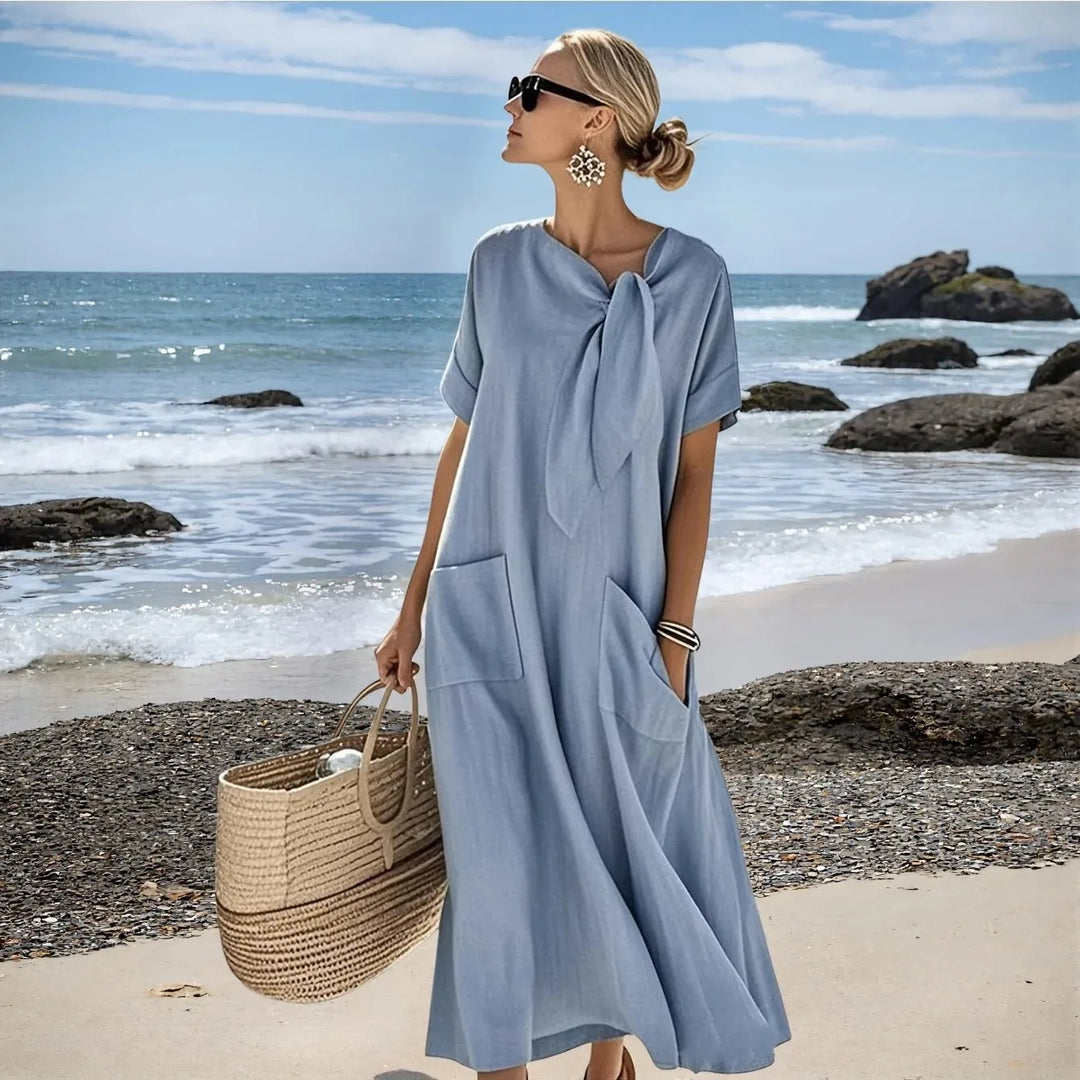 Katherine | Elegant Bow Tie Short Sleeve Midaxi Dress